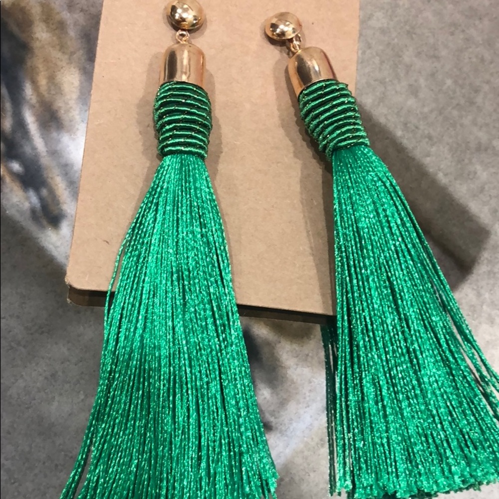 Green and gold Tassel Earrings 4.3 Inches